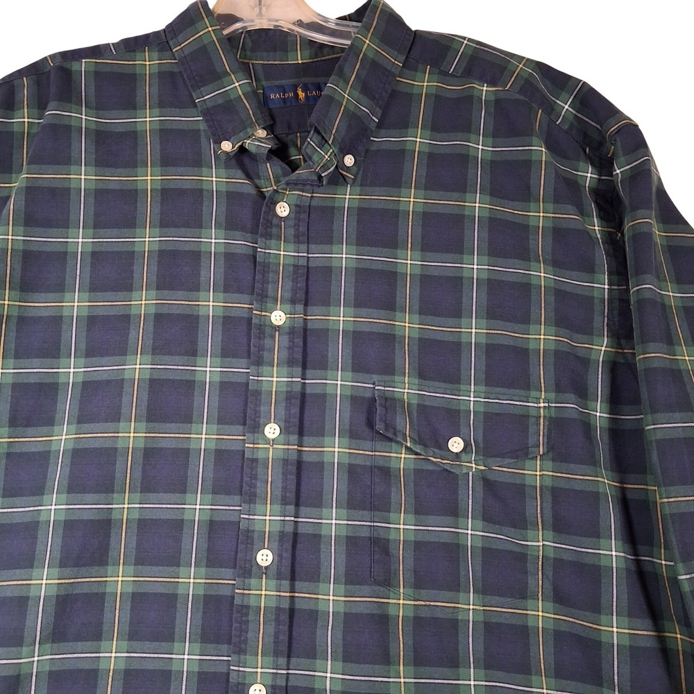 Ralph Lauren Plaid Button Down Shirt Mens 2XLT Big Tall Navy Green Cotton